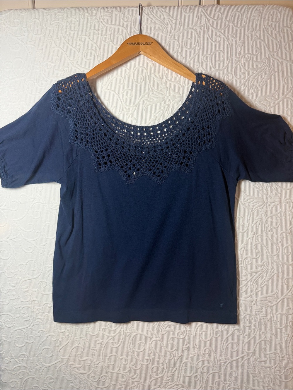 American Eagle Outfitters Navy Crochet Yoke Short-Sleeve Top. Large